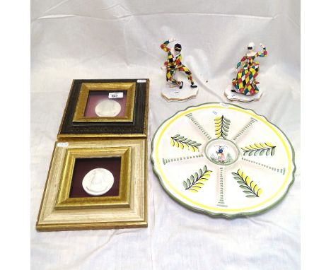 A pair of Italian figures, quimper snacks dish, and a pair of portraits 