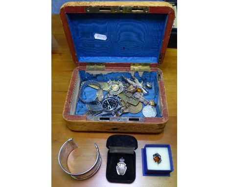 A white metal bangle, a gent's chrome-cased Rotary Junior wristwatch, and coin-set brooch, military badges, fobs etc 