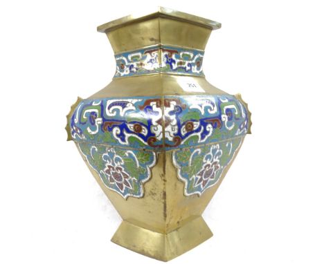 An Oriental brass vase with enamel decoration, height 31cm 