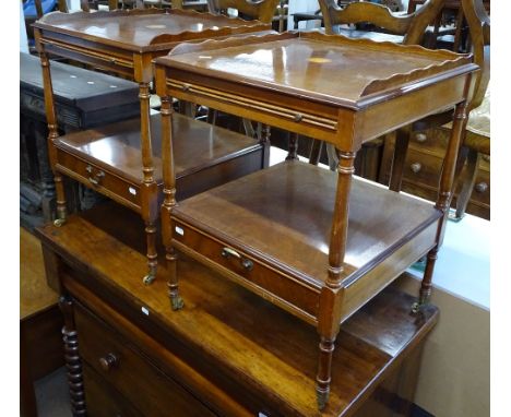 A pair of reproduction mahogany lamp tables, with slide and drawer under, on turned legs, W47cm, H63cm 