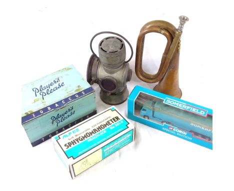 A Lucas King of the Road lamp, a bugle, a tin etc 