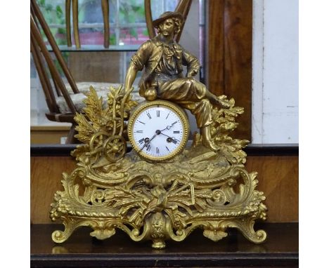 A 19th century gilt-metal and ormolu mantel clock, white enamel dial, striking on a bell, height 40cm 