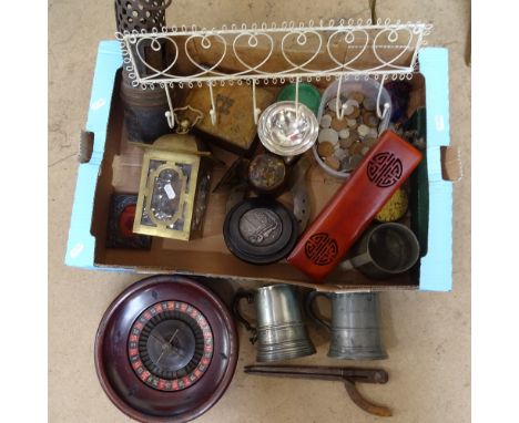 "The Wall Radiator Lamp", 28cm, a roulette wheel, pewter mugs, coins etc 