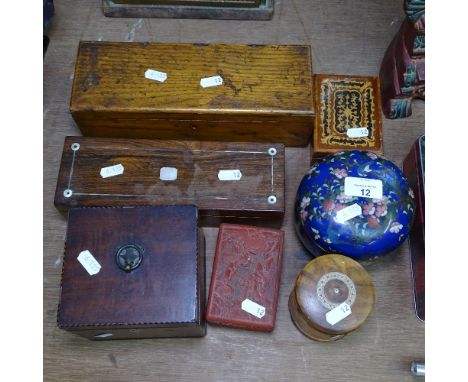 A collection of various boxes, including tea caddy, box made from piece of HMS resolute, rosewood glove box etc (7) 