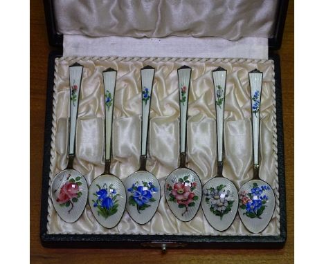 A Norwegian silver and floral enamel teaspoons (6),  by Magnus Aase, in fitted case 