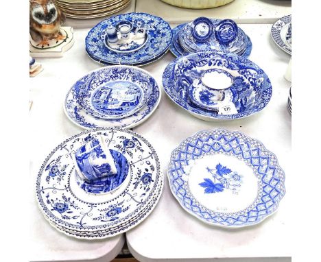 Blue and white plates and teaware, including Spode Italian and Geranium patterns 