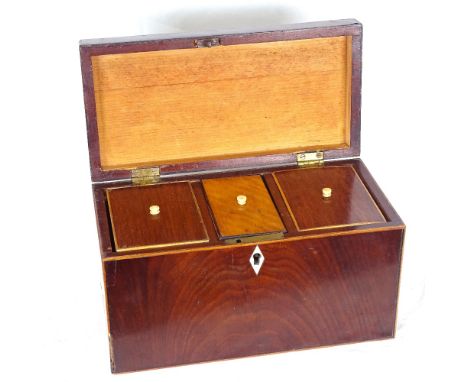 A Victorian rectangular mahogany tea caddy, with parquetry inlaid lid and 3 interior lids, length 26cm 