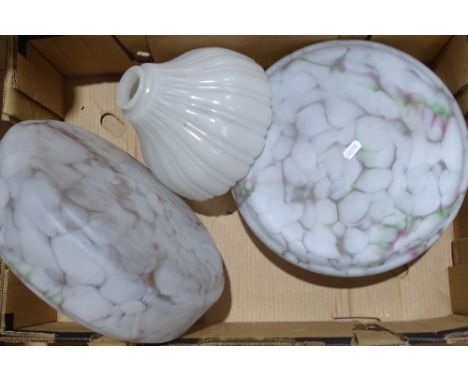 A pair of Art Deco mottled glass ceiling light bowls, 33cm across, and a milk glass lampshade 