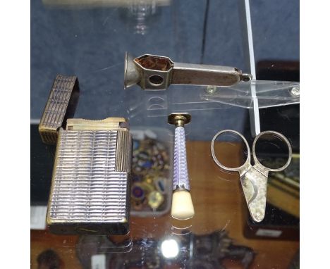 A Dupont Paris lighter, 2 silver cutters, and an enamel and ivory seal 