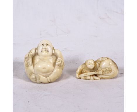 A Japanese Meiji Period carved ivory netsuke, depicting man with a bag, and a carved ivory seated Buddha figure, height 4cm (