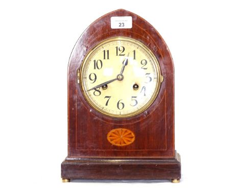 An Edwardian mahogany lancet-top mantel clock, with marquetry inlay, height 32cm 