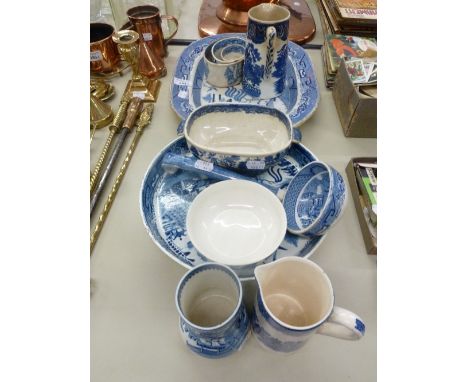 NINETEENTH CENTURY WILLOW PATTERN WARES VIZ; COMPORT ON PEDESTAL BASE, 10 1/2" DIAMETER, A LARGE SOUP LADLE, SAUCE TUREEN AND