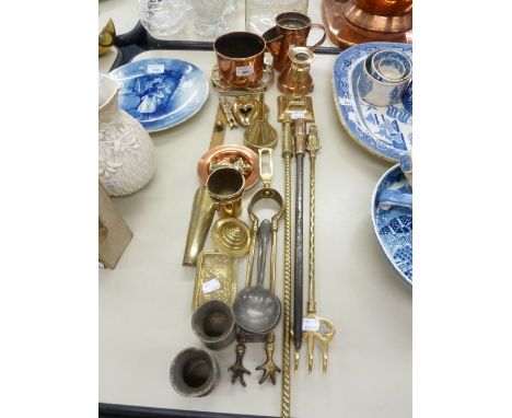 A COPPER SHAVING MUG, A COPPER WINE FUNNEL AND A BRASS WINE FUNNEL, A SHORT BRASS CANDLESTICK, A BRASS TOASTING FORK, TWO POK