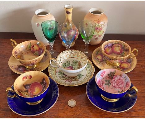 PAIR OF FIELDING CROWN DERBY VASES, AINSLEY VASE, THREE COLOURED GLASSES, FOUR AINSLEY CUPS AND SAUCERS AND ANOTHER