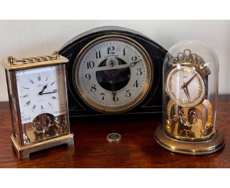 ELECTONIQUE MANTLE CLOCK, APPROX 15cm HIGH, ALSO TWO SCHATZ CLOCKWORK, BOTH APPROX 14cm HIGH, DOMED AND CASED