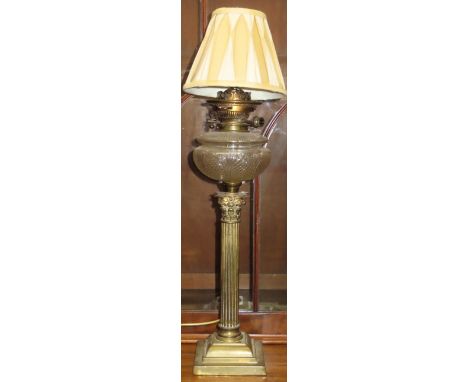 Vintage brass and glass column form table lamp with shade. Approx. 55cms H
used not tested. been electrified ex oil lamp