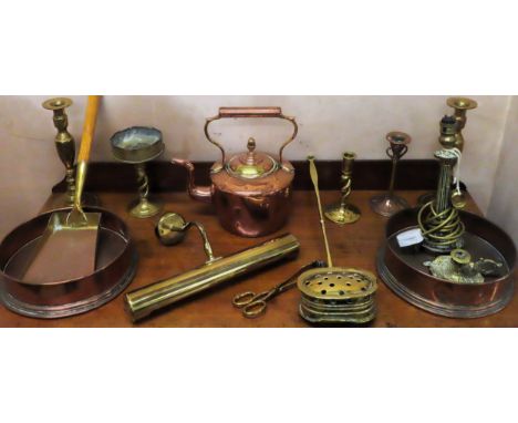 Sundry lot of copper and brass Inc. candlesticks, desk lamp, etc
all used and unchecked