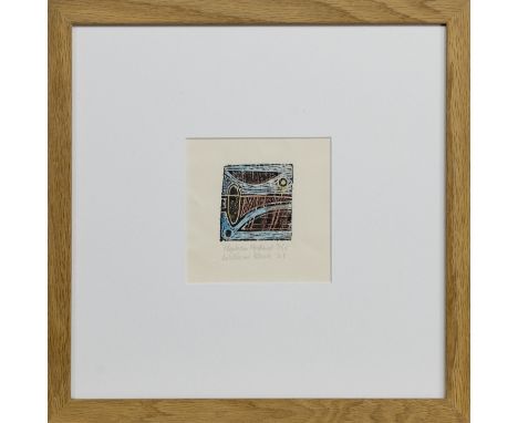 WILLIAM BLACK, HARBOUR ABSTRACT woodblock print on paper, signed, titled, numbered 4/25 and dated '68 image size 6.5cm x 6cm,