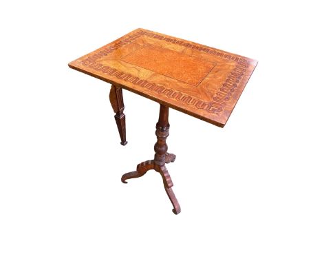 A Continental inlaid multi wood oblong tripod table on turned pedestal column to tripod base, with inlay, 49cm W x 38cmD x 76