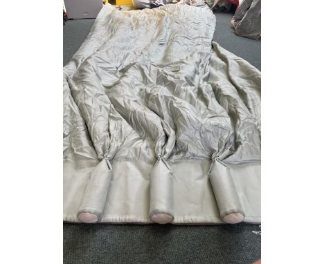 Ex De Gournay Display curtains: A pair of light green curtains with a purple reverse and gold detail, 303cmHx120cmW, and a pa