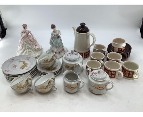 A Royal Worcester figure together with a similar Coalport example, a Badler coffee set and other items. 