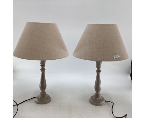 Pair of contemporary grey painted lamp bases with linen style circular shades 
