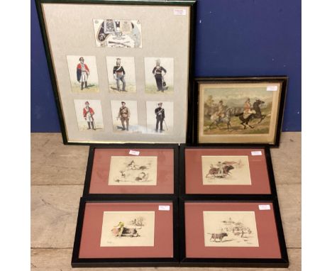 Terruella, Spanish School, C19th/C20th, four etching prints of Bull fighting scenes, and a hand coloured etching print of a m