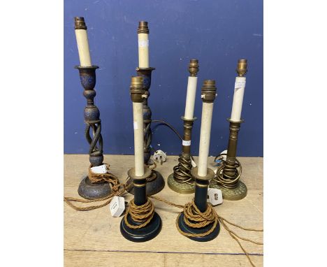 Three pairs of  various decorative lamp bases, and a metal column lamp on tripod base 