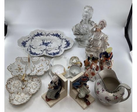 A mixed collection of ceramics to include KPM and Worcester serving dishes, a blanc de chine bust of a lady, Staffordshire fl