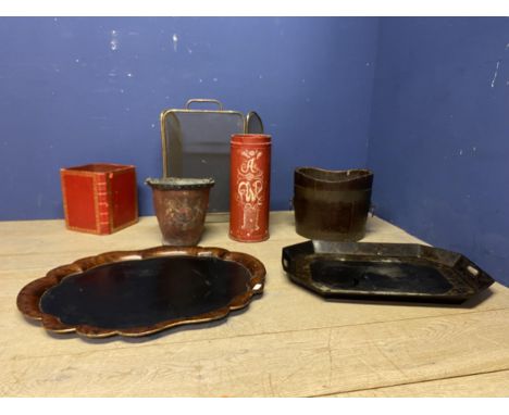 A collection of items to include lacquered trays , firescreen, a brass bound bucket and other items. 