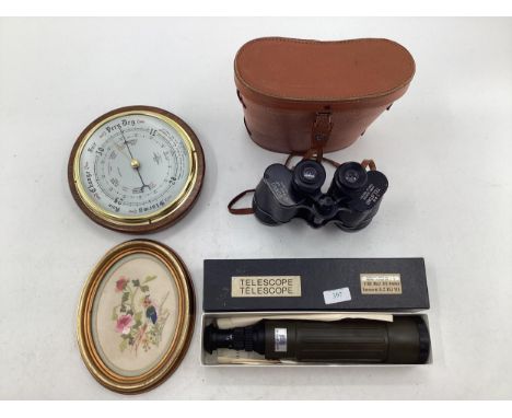 A Bisley deluxe 14-45x50 Zoom telescope together with a  pair mof binoculars and a barometer. 