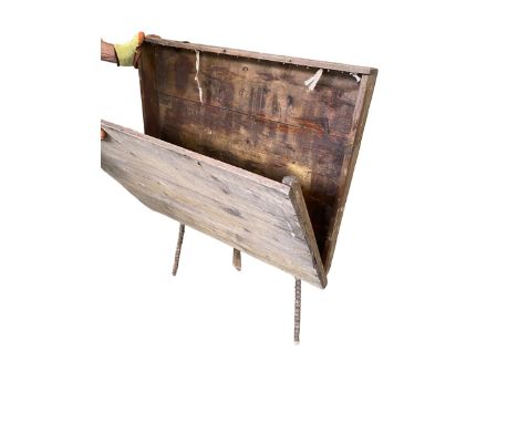 An old crib and school desk, as found with wear and a wooden easel /folding document narrow box, on turned bobbin legs, as fo