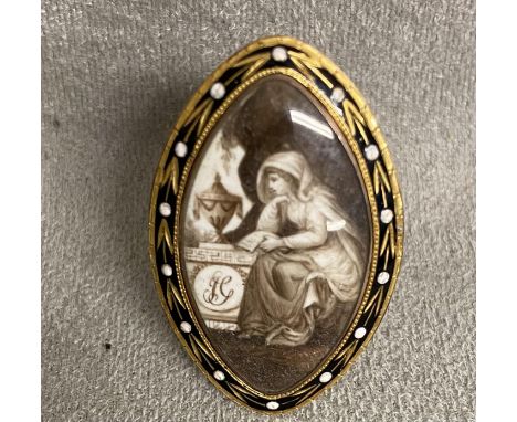 An unmarked yellow metal memorial ring Navette shaped plaque . Inscription verso John Gray Ob 26 June 1787. 5.5g Size Q. aged
