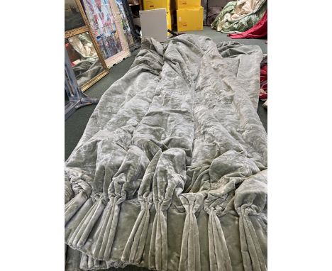 A pair of green "silk velvet" ex DE GOURNAY display curtains, not sewed up around the bottom 304cmHx74cmW 