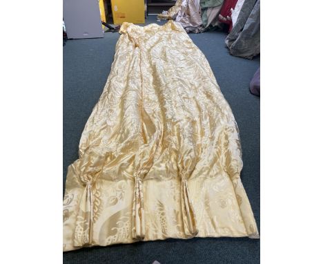 4x ex De Gournay display curtains, in a gold pattern, 288cmH x 62cmW, and a pair of dark grey curtains with floral mesh detai