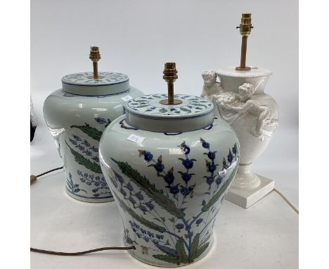 A good, similar pair of decorative bulbous circular modern blue green and white fern patterned lamp base and cream  shade  an