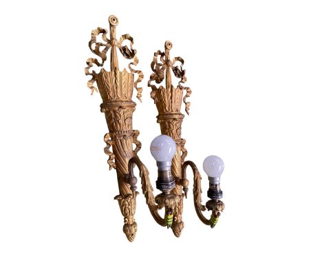 A pair of decorative gilded wall sconces, and a quantity of good classical column lamp bases, see images 