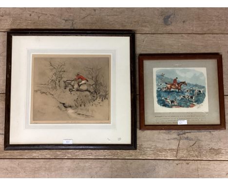 A print, "The Huntsman" titled and signed in pencil lower right Tom Carr, 27.5cm x 31cm ; and a small pen and ink study, of a