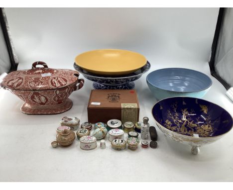 A collection of enamel pill boxes by Bilston , Halcyon and others together with a tureen (AF) a coalport bowl, tortoise shell