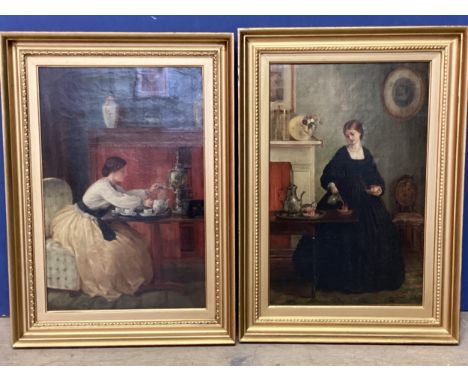George Dunlop Leslie (1835-1921).A pair of oil on canvases, of Victorian domestic scenes, ladies preparing tea in the drawing