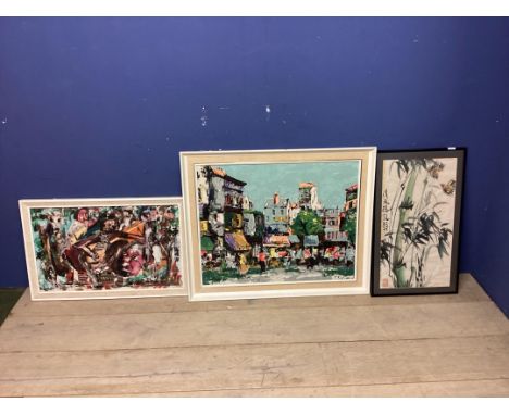 A framed and glazed Japanese print of bamboo foliage and birds 64 x 35cm; a modern oil on canvas of a colourful market square