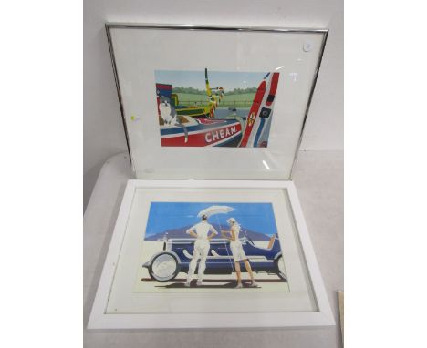 Linda Hill ltd edition print of a cat on a barge boat 18/200 and one other print signed Maurice 43x37cm
