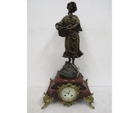 A mid 19thC mantle clock&nbsp; with Marble base and spelter figure stamped 'Carmen'&nbsp; &nbsp;working 60cmH