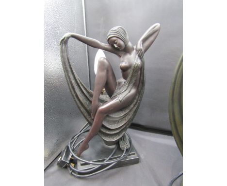 An art deco style lamp with bronzed lady, no shade 39cmH