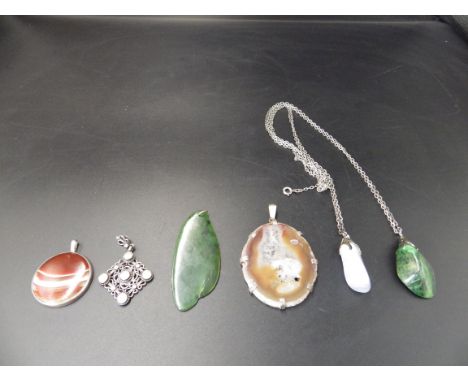 6 pendants (2 on chains ) Banded agate and silver, M.O.P and silver, Jade, Crystal agate and silver, (Blue lace agate on chai