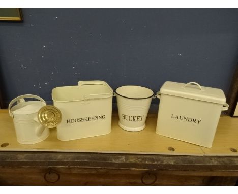 Cream metal watering can, laundry bin, bucket and cleaning caddy&nbsp;