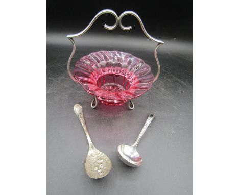 Cranberry bowl in cradle, caddy and berry spoons&nbsp;