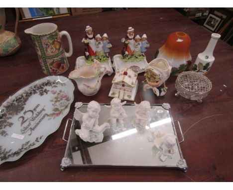 Coalport cottage, Yardley soap dishes, blanc de blanc cherubs, vintage light shade and other various china and glass