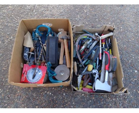 2 Boxes of mixed tools to include axe and hammers etc&nbsp;