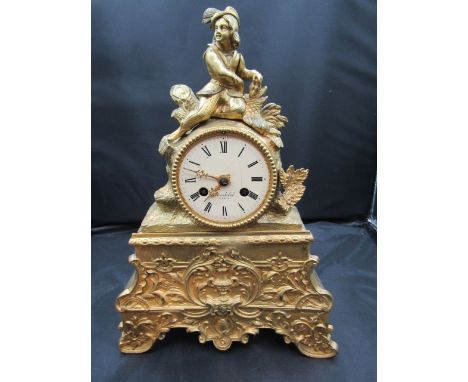 A French 'Beurdelel' brass mantel clock 31cmH signed at back